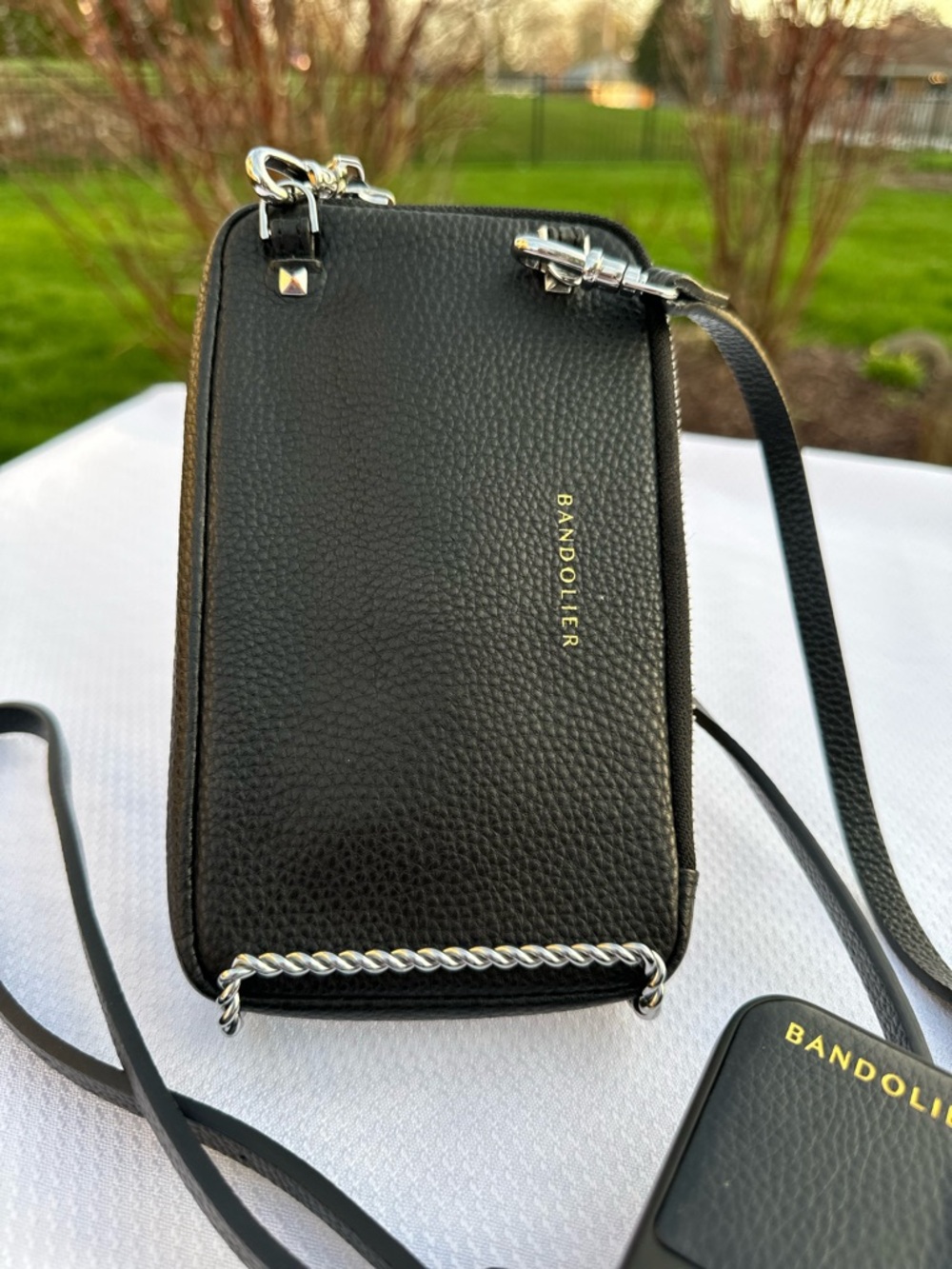 Bandolier Black Pebbled Leather Crossbody Pouch w/ Phone Case with Pocket